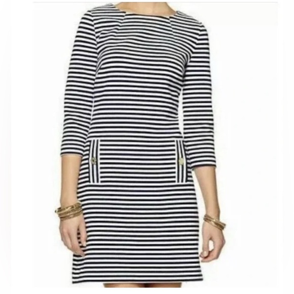 Lilly Pulitzer Dresses & Skirts - Lilly Pulitzer Charlene Dress S Navy White Ottoman Stripe Pockets Gold Buttons